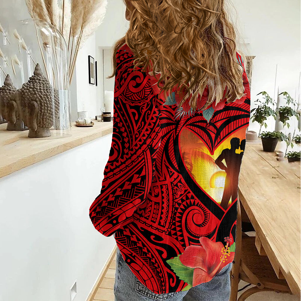 Hawaii Valentine Day Women Casual Shirt Couple on Beach mix Hibiscus and Polynesian Tattoo LT03 - Polynesian Pride
