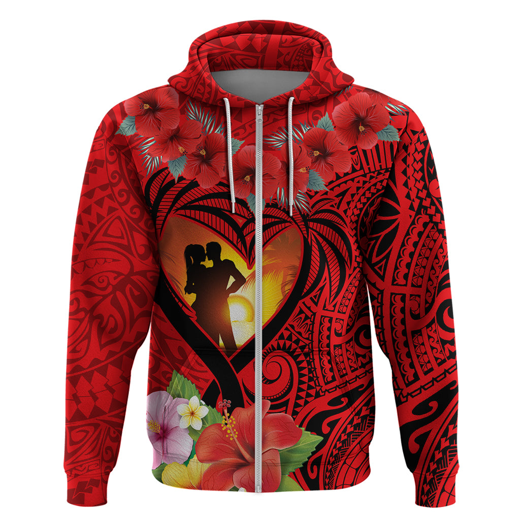 Hawaii Valentine Day Zip Hoodie Couple on Beach mix Hibiscus and Polynesian Tattoo LT03 Zip Hoodie Red - Polynesian Pride