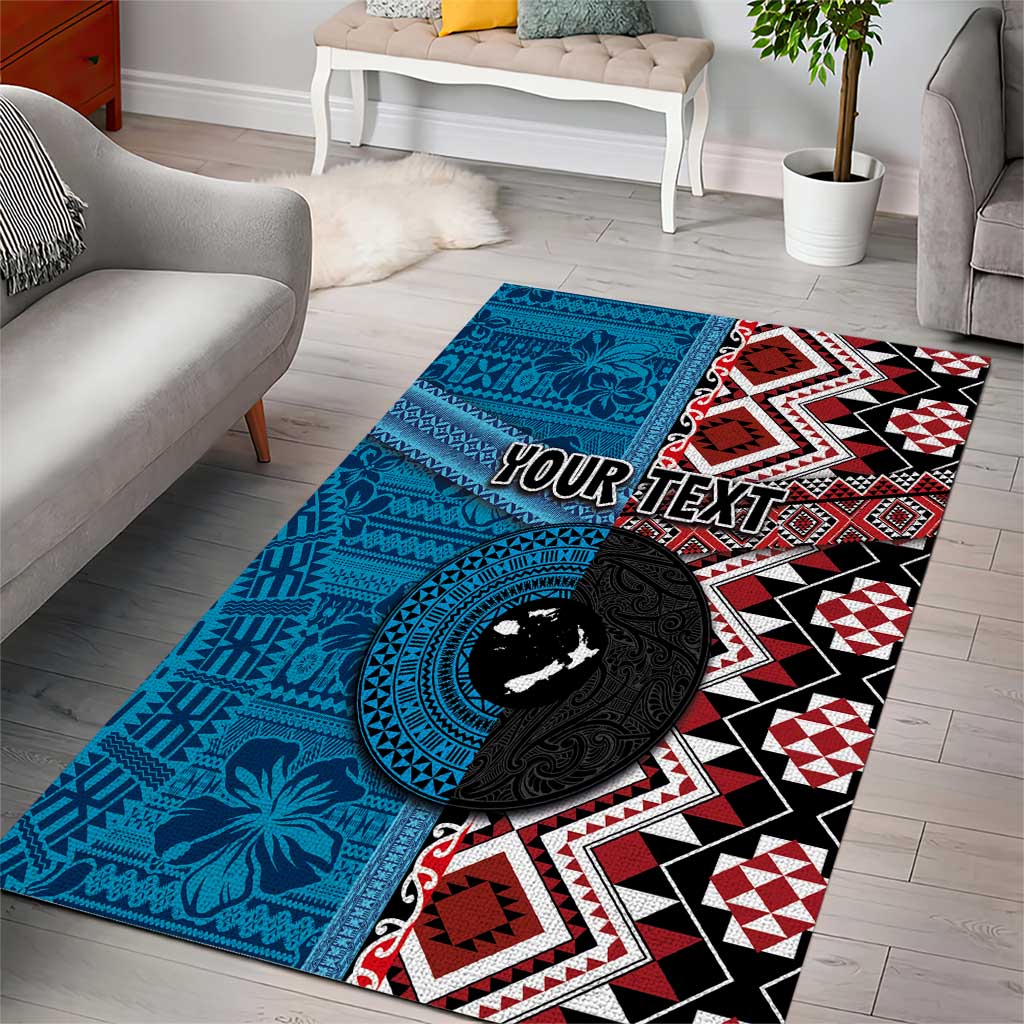 Personalised Aotearoa and Fiji Together Area Rug Melanesian Warrior and Koru - Taniko with Hibiscus Tapa Pattern
