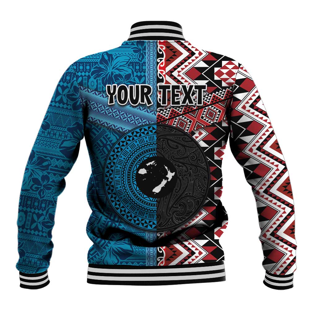 Personalised Aotearoa and Fiji Together Baseball Jacket Melanesian Warrior and Koru - Taniko with Hibiscus Tapa Pattern