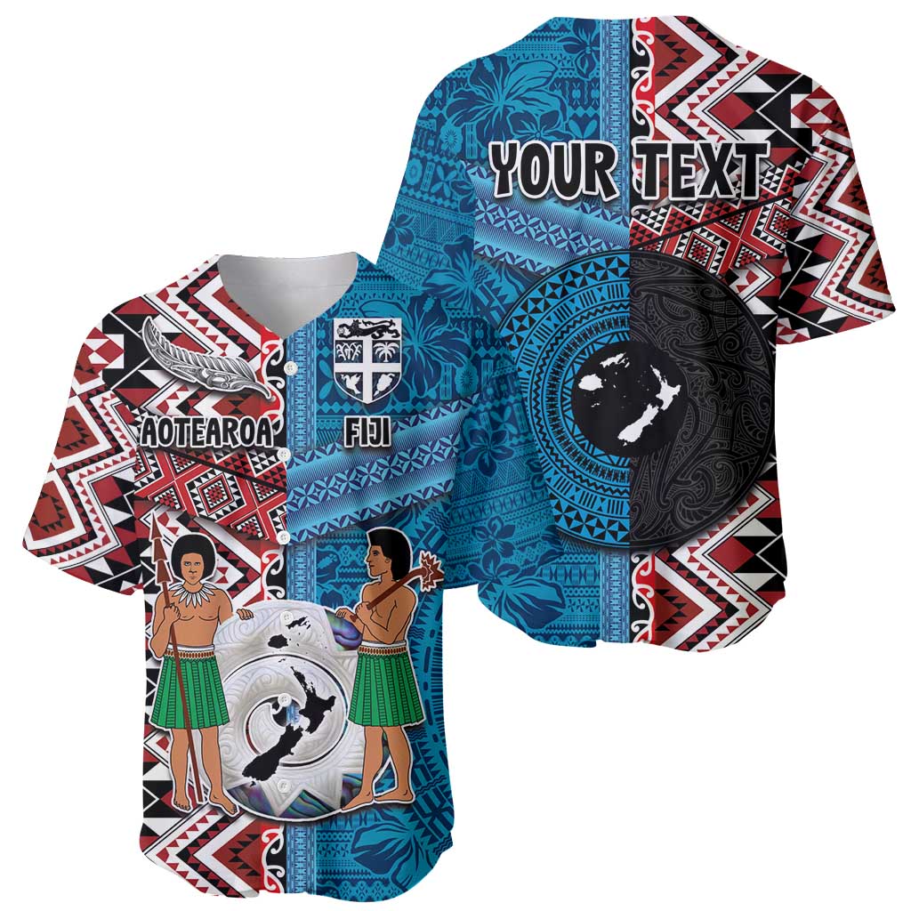 Personalised Aotearoa and Fiji Together Baseball Jersey Melanesian Warrior and Koru - Taniko with Hibiscus Tapa Pattern LT03 - Polynesian Pride