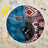 Personalised Aotearoa and Fiji Together Beach Blanket Melanesian Warrior and Koru - Taniko with Hibiscus Tapa Pattern