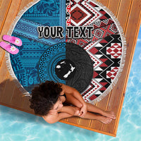 Personalised Aotearoa and Fiji Together Beach Blanket Melanesian Warrior and Koru - Taniko with Hibiscus Tapa Pattern