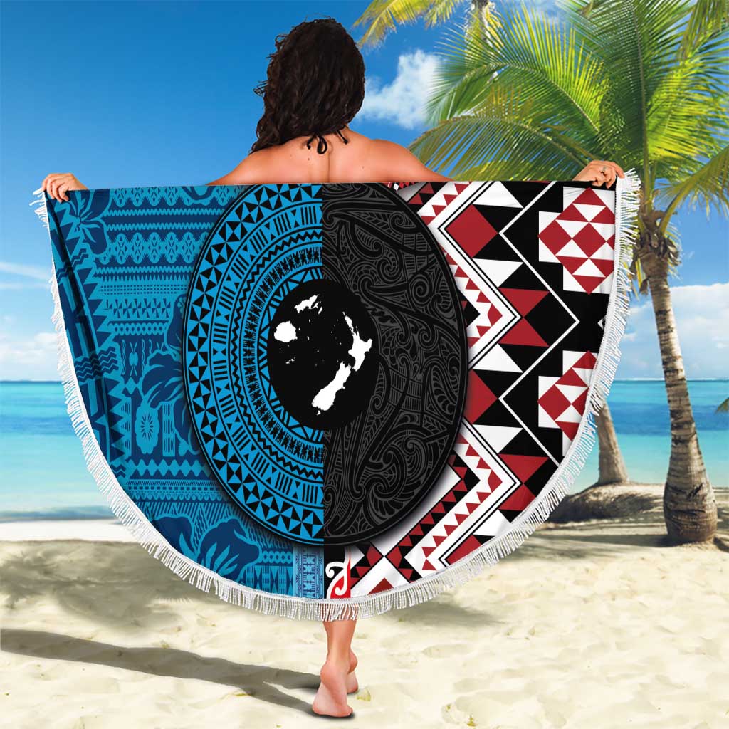 Personalised Aotearoa and Fiji Together Beach Blanket Melanesian Warrior and Koru - Taniko with Hibiscus Tapa Pattern