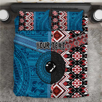 Personalised Aotearoa and Fiji Together Bedding Set Melanesian Warrior and Koru - Taniko with Hibiscus Tapa Pattern
