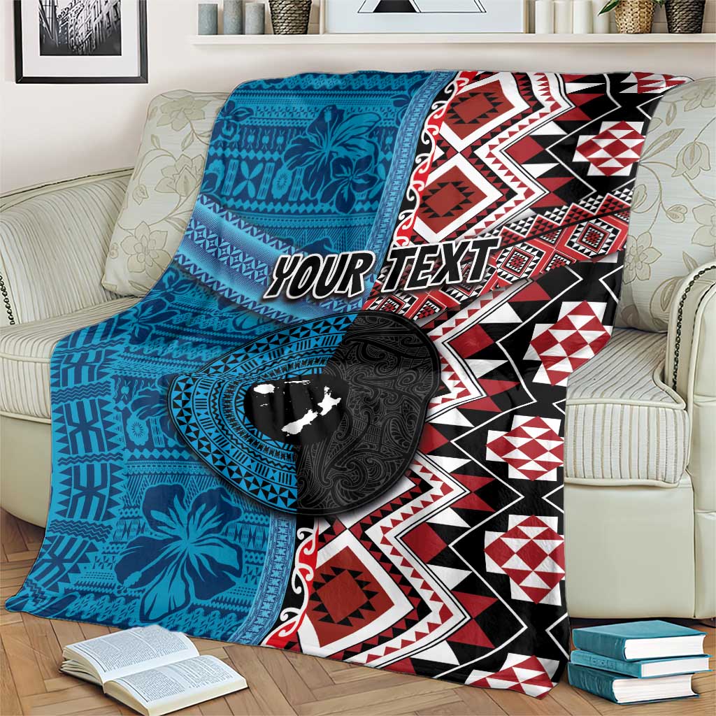 Personalised Aotearoa and Fiji Together Blanket Melanesian Warrior and Koru - Taniko with Hibiscus Tapa Pattern
