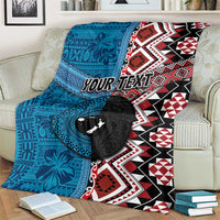 Personalised Aotearoa and Fiji Together Blanket Melanesian Warrior and Koru - Taniko with Hibiscus Tapa Pattern
