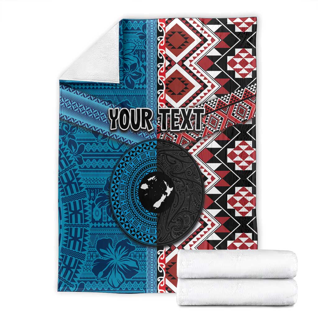 Personalised Aotearoa and Fiji Together Blanket Melanesian Warrior and Koru - Taniko with Hibiscus Tapa Pattern