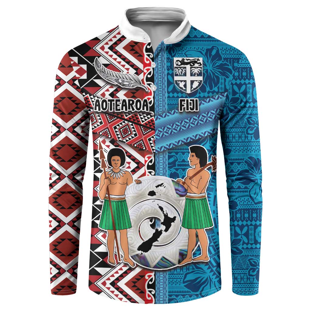 Personalised Aotearoa and Fiji Together Button Sweatshirt Melanesian Warrior and Koru - Taniko with Hibiscus Tapa Pattern LT03 Blue - Polynesian Pride