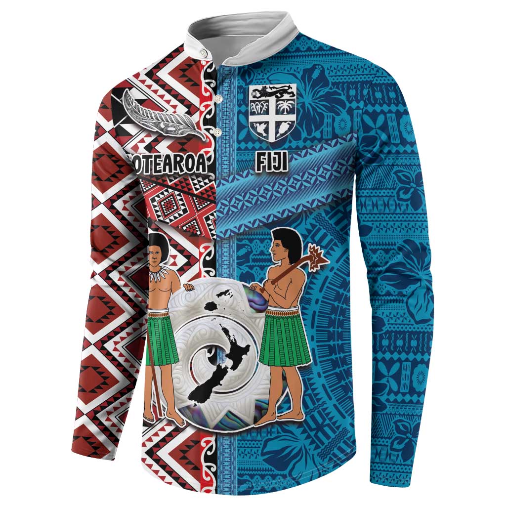 Personalised Aotearoa and Fiji Together Button Sweatshirt Melanesian Warrior and Koru - Taniko with Hibiscus Tapa Pattern LT03 - Polynesian Pride