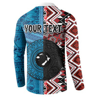 Personalised Aotearoa and Fiji Together Button Sweatshirt Melanesian Warrior and Koru - Taniko with Hibiscus Tapa Pattern LT03 - Polynesian Pride