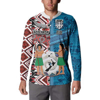 Personalised Aotearoa and Fiji Together Button Sweatshirt Melanesian Warrior and Koru - Taniko with Hibiscus Tapa Pattern LT03 - Polynesian Pride