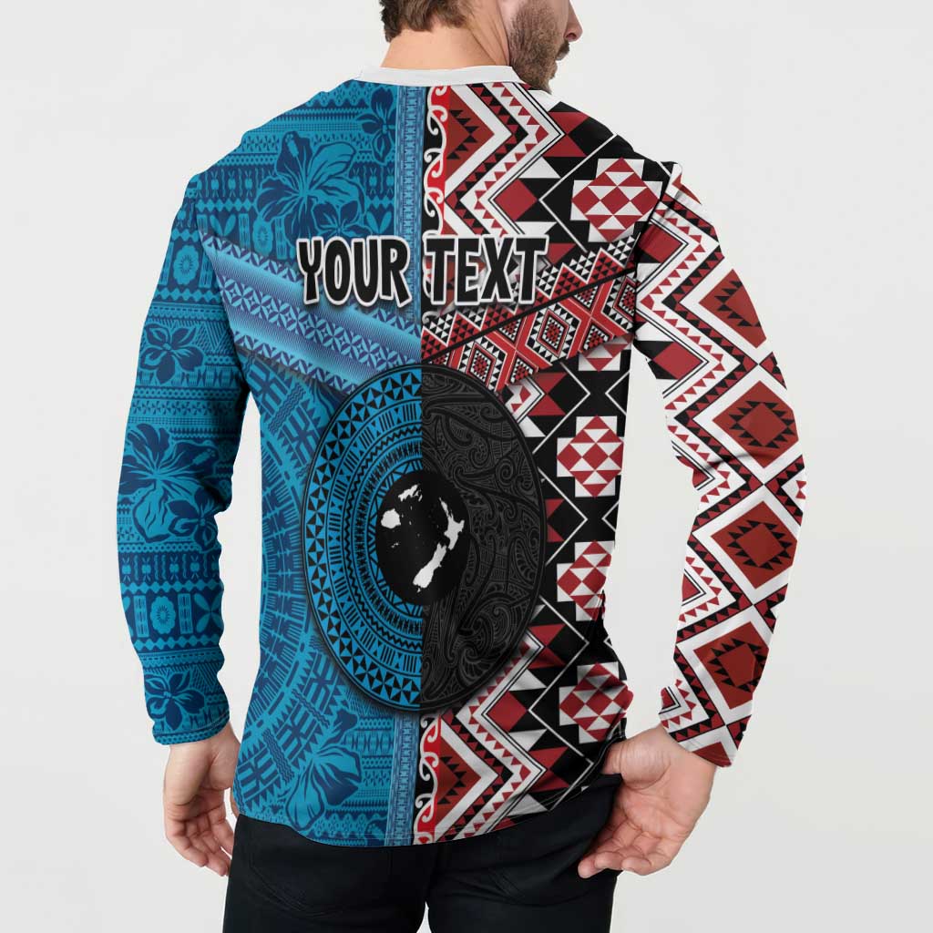 Personalised Aotearoa and Fiji Together Button Sweatshirt Melanesian Warrior and Koru - Taniko with Hibiscus Tapa Pattern LT03 - Polynesian Pride