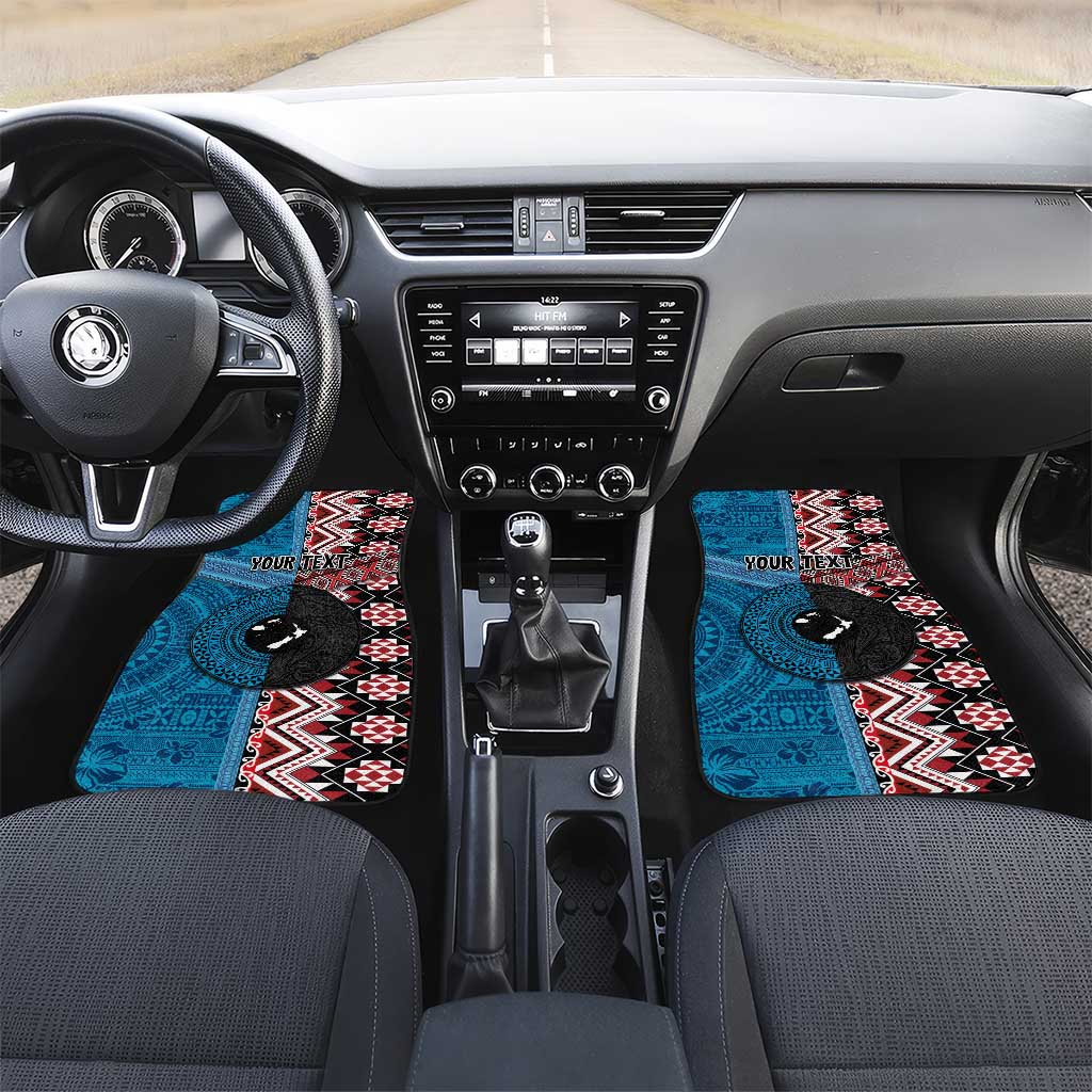 Personalised Aotearoa and Fiji Together Car Mats Melanesian Warrior and Koru - Taniko with Hibiscus Tapa Pattern