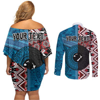 Personalised Aotearoa and Fiji Together Couples Matching Off Shoulder Short Dress and Long Sleeve Button Shirt Melanesian Warrior and Koru - Taniko with Hibiscus Tapa Pattern