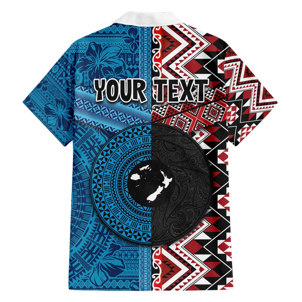 Personalised Aotearoa and Fiji Together Family Matching Long Sleeve Bodycon Dress and Hawaiian Shirt Melanesian Warrior and Koru - Taniko with Hibiscus Tapa Pattern