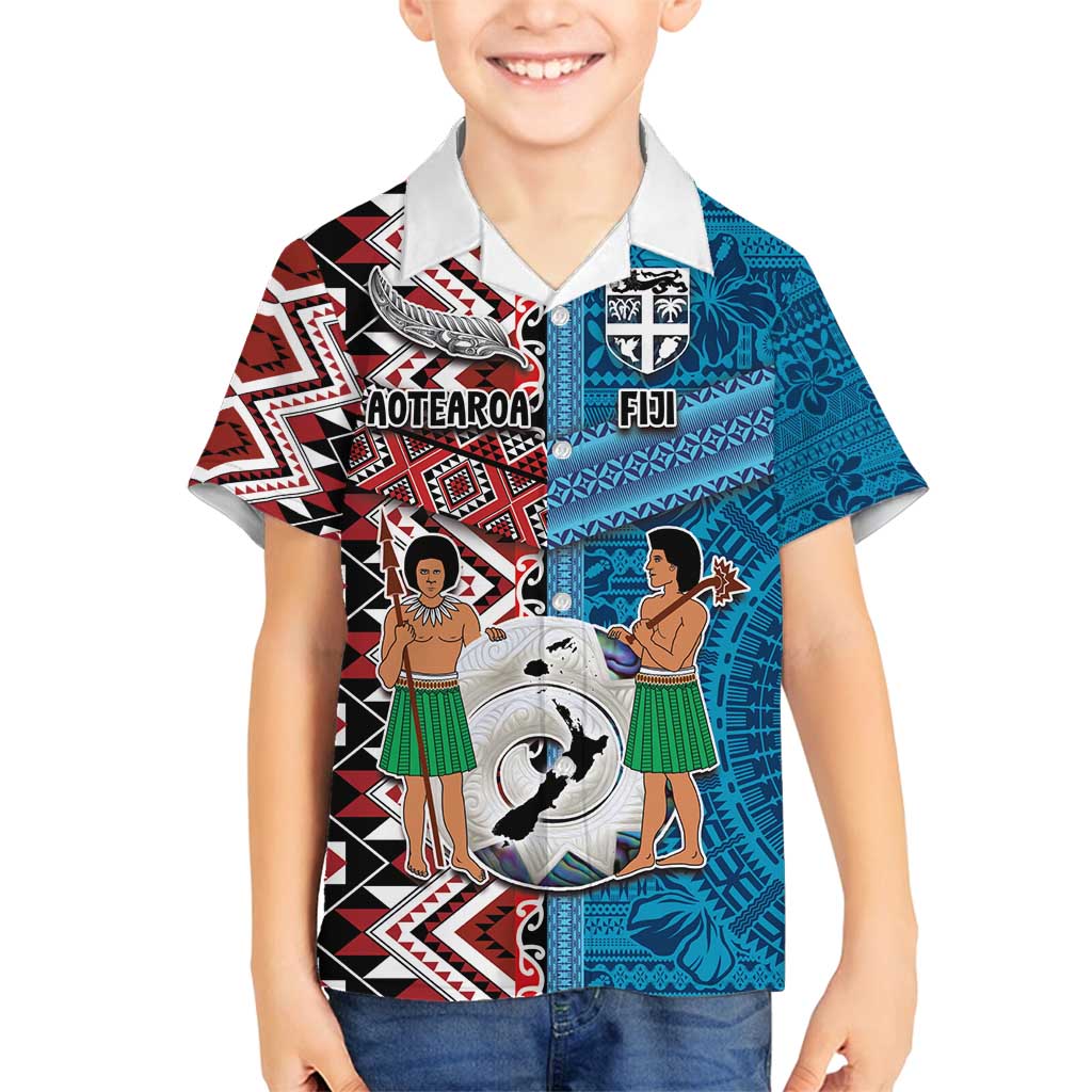 Personalised Aotearoa and Fiji Together Family Matching Long Sleeve Bodycon Dress and Hawaiian Shirt Melanesian Warrior and Koru - Taniko with Hibiscus Tapa Pattern