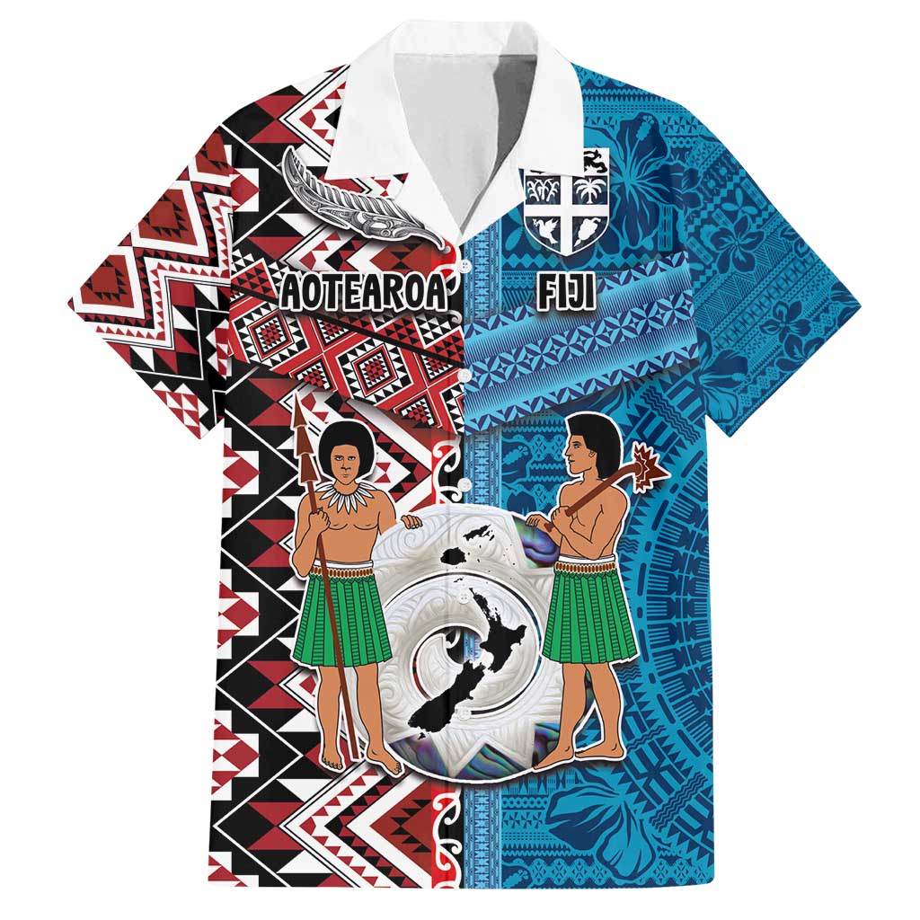 Personalised Aotearoa and Fiji Together Family Matching Puletasi and Hawaiian Shirt Melanesian Warrior and Koru - Taniko with Hibiscus Tapa Pattern