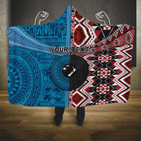 Personalised Aotearoa and Fiji Together Hooded Blanket Melanesian Warrior and Koru - Taniko with Hibiscus Tapa Pattern