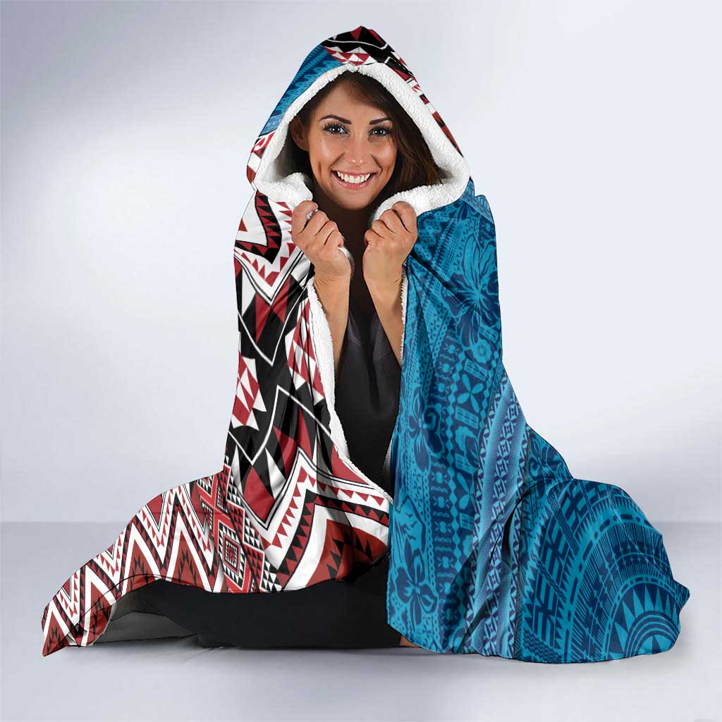Personalised Aotearoa and Fiji Together Hooded Blanket Melanesian Warrior and Koru - Taniko with Hibiscus Tapa Pattern