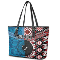 Personalised Aotearoa and Fiji Together Leather Tote Bag Melanesian Warrior and Koru - Taniko with Hibiscus Tapa Pattern
