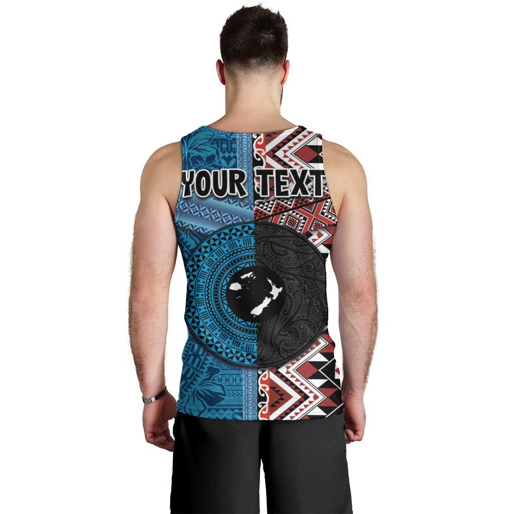 Personalised Aotearoa and Fiji Together Men Tank Top Melanesian Warrior and Koru - Taniko with Hibiscus Tapa Pattern