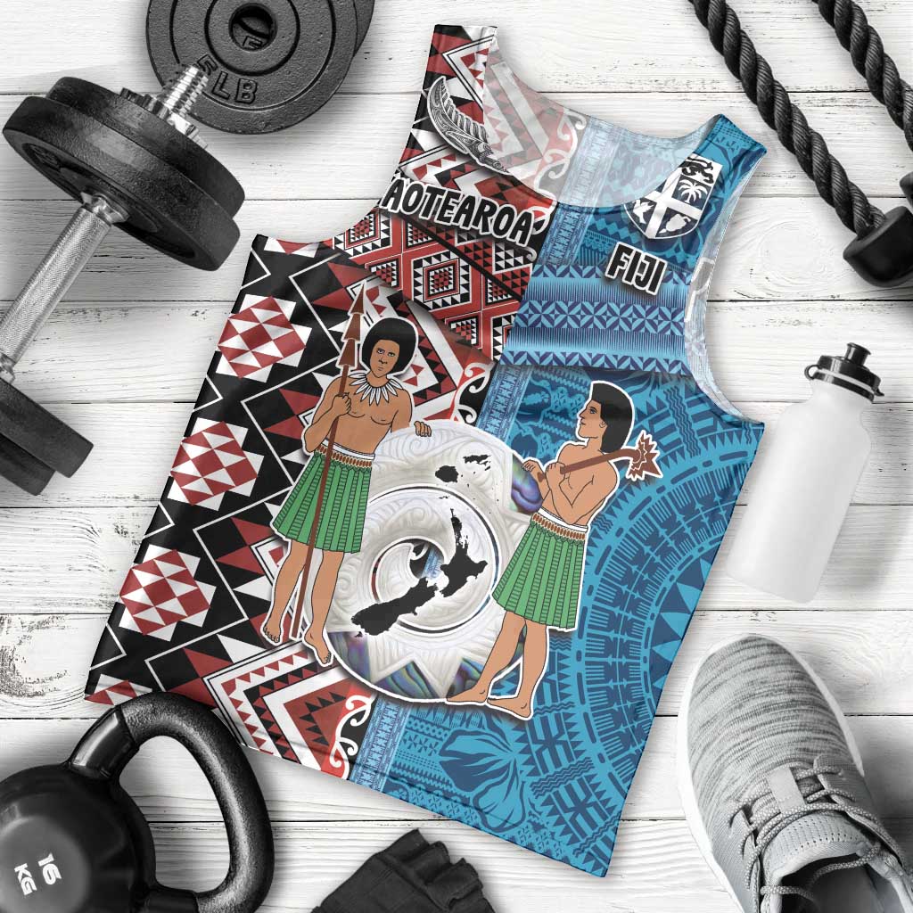 Personalised Aotearoa and Fiji Together Men Tank Top Melanesian Warrior and Koru - Taniko with Hibiscus Tapa Pattern