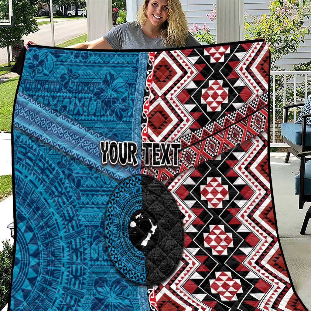 Personalised Aotearoa and Fiji Together Quilt Melanesian Warrior and Koru - Taniko with Hibiscus Tapa Pattern LT03 Blue - Polynesian Pride