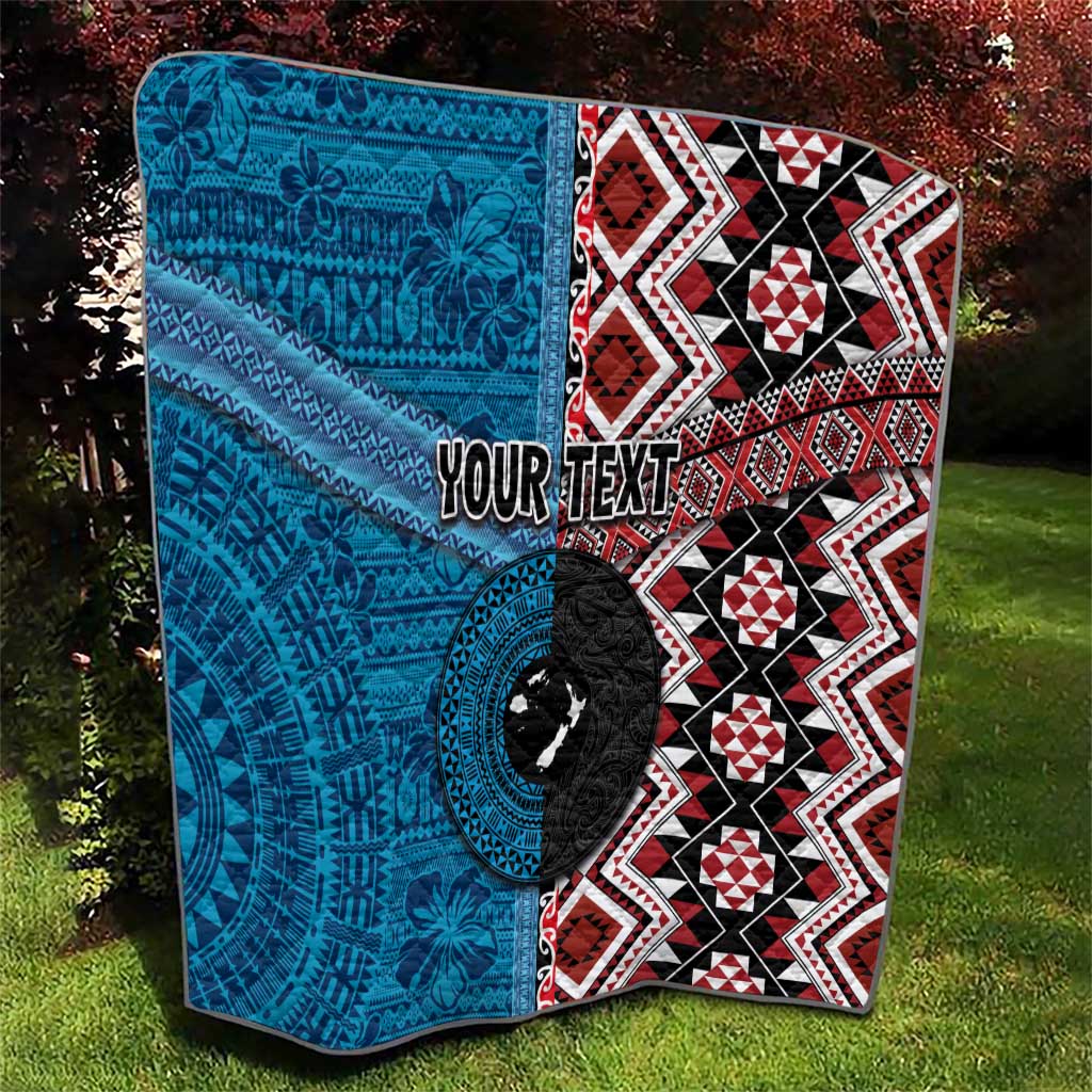 Personalised Aotearoa and Fiji Together Quilt Melanesian Warrior and Koru - Taniko with Hibiscus Tapa Pattern LT03 - Polynesian Pride