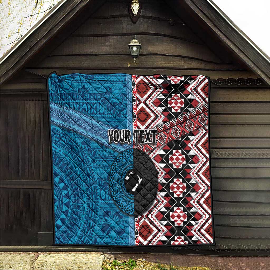 Personalised Aotearoa and Fiji Together Quilt Melanesian Warrior and Koru - Taniko with Hibiscus Tapa Pattern LT03 - Polynesian Pride