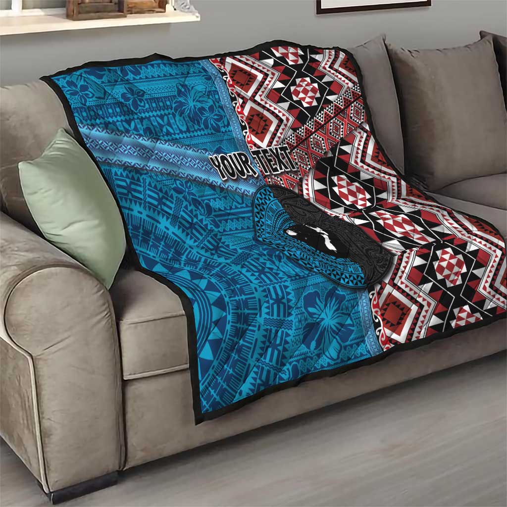 Personalised Aotearoa and Fiji Together Quilt Melanesian Warrior and Koru - Taniko with Hibiscus Tapa Pattern LT03 - Polynesian Pride
