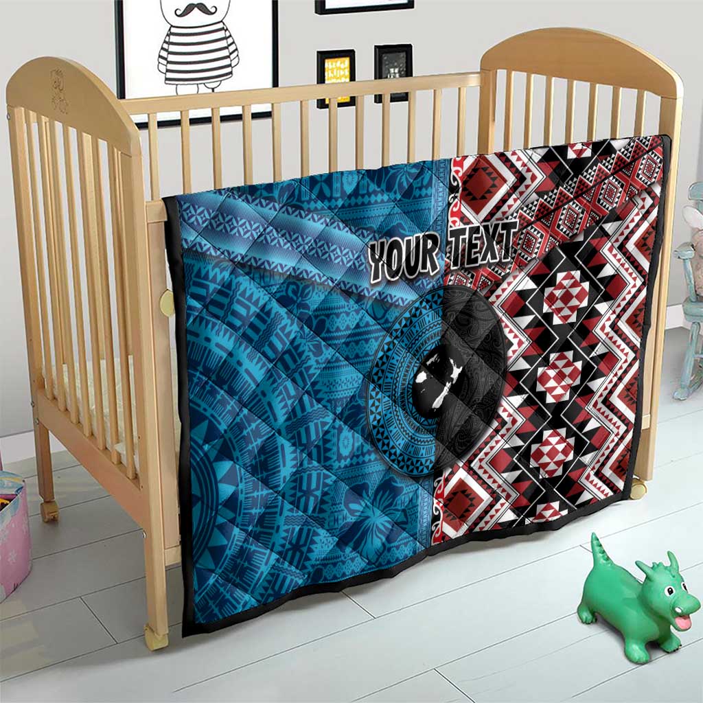 Personalised Aotearoa and Fiji Together Quilt Melanesian Warrior and Koru - Taniko with Hibiscus Tapa Pattern LT03 - Polynesian Pride