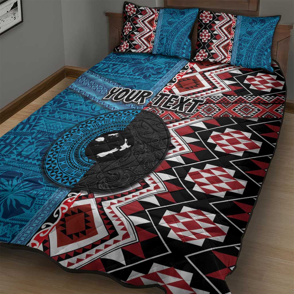 Personalised Aotearoa and Fiji Together Quilt Bed Set Melanesian Warrior and Koru - Taniko with Hibiscus Tapa Pattern