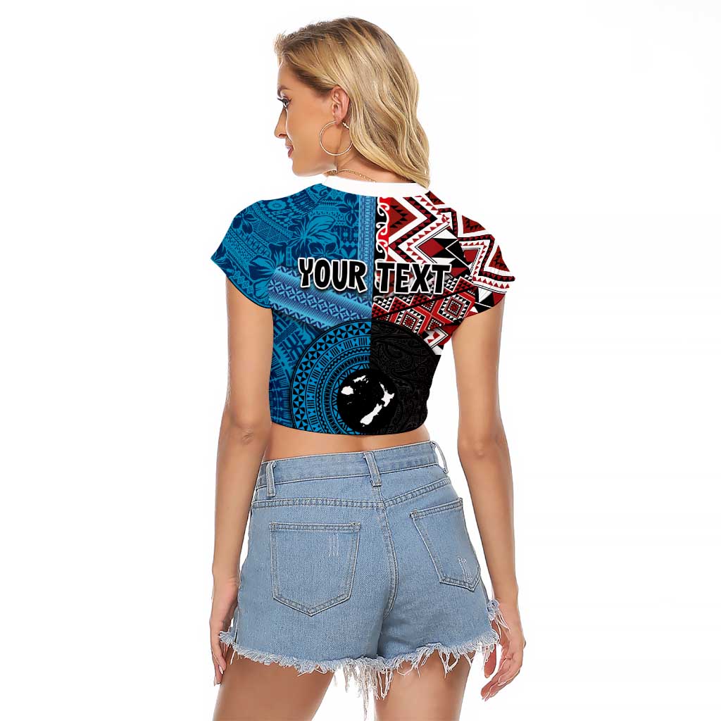 Personalised Aotearoa and Fiji Together Raglan Cropped T Shirt Melanesian Warrior and Koru - Taniko with Hibiscus Tapa Pattern