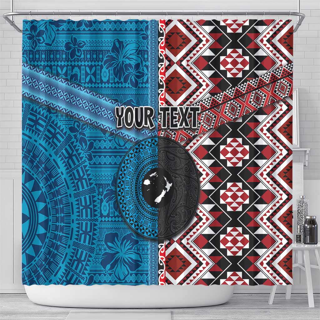 Personalised Aotearoa and Fiji Together Shower Curtain Melanesian Warrior and Koru - Taniko with Hibiscus Tapa Pattern LT03 - Polynesian Pride