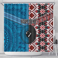 Personalised Aotearoa and Fiji Together Shower Curtain Melanesian Warrior and Koru - Taniko with Hibiscus Tapa Pattern LT03 - Polynesian Pride