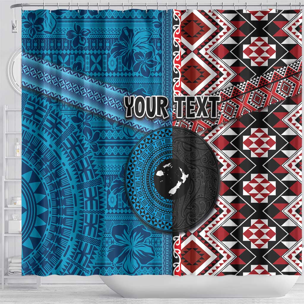 Personalised Aotearoa and Fiji Together Shower Curtain Melanesian Warrior and Koru - Taniko with Hibiscus Tapa Pattern LT03 - Polynesian Pride