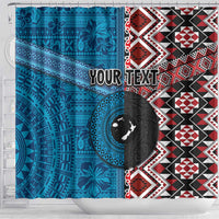 Personalised Aotearoa and Fiji Together Shower Curtain Melanesian Warrior and Koru - Taniko with Hibiscus Tapa Pattern LT03 - Polynesian Pride