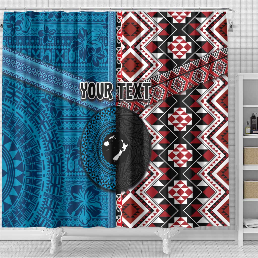 Personalised Aotearoa and Fiji Together Shower Curtain Melanesian Warrior and Koru - Taniko with Hibiscus Tapa Pattern LT03 - Polynesian Pride