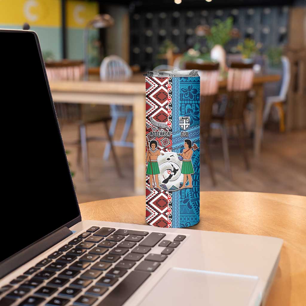 Personalised Aotearoa and Fiji Together Skinny Tumbler Melanesian Warrior and Koru - Taniko with Hibiscus Tapa Pattern