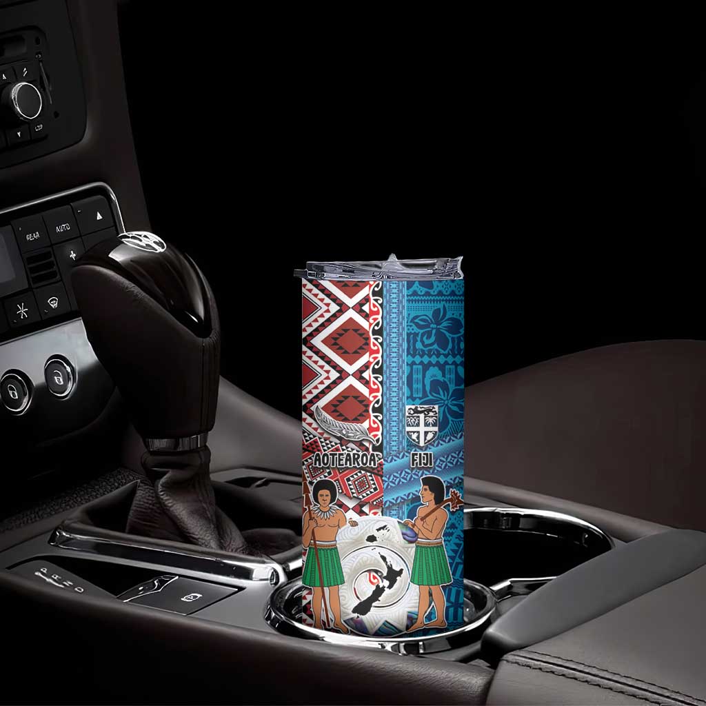 Personalised Aotearoa and Fiji Together Skinny Tumbler Melanesian Warrior and Koru - Taniko with Hibiscus Tapa Pattern
