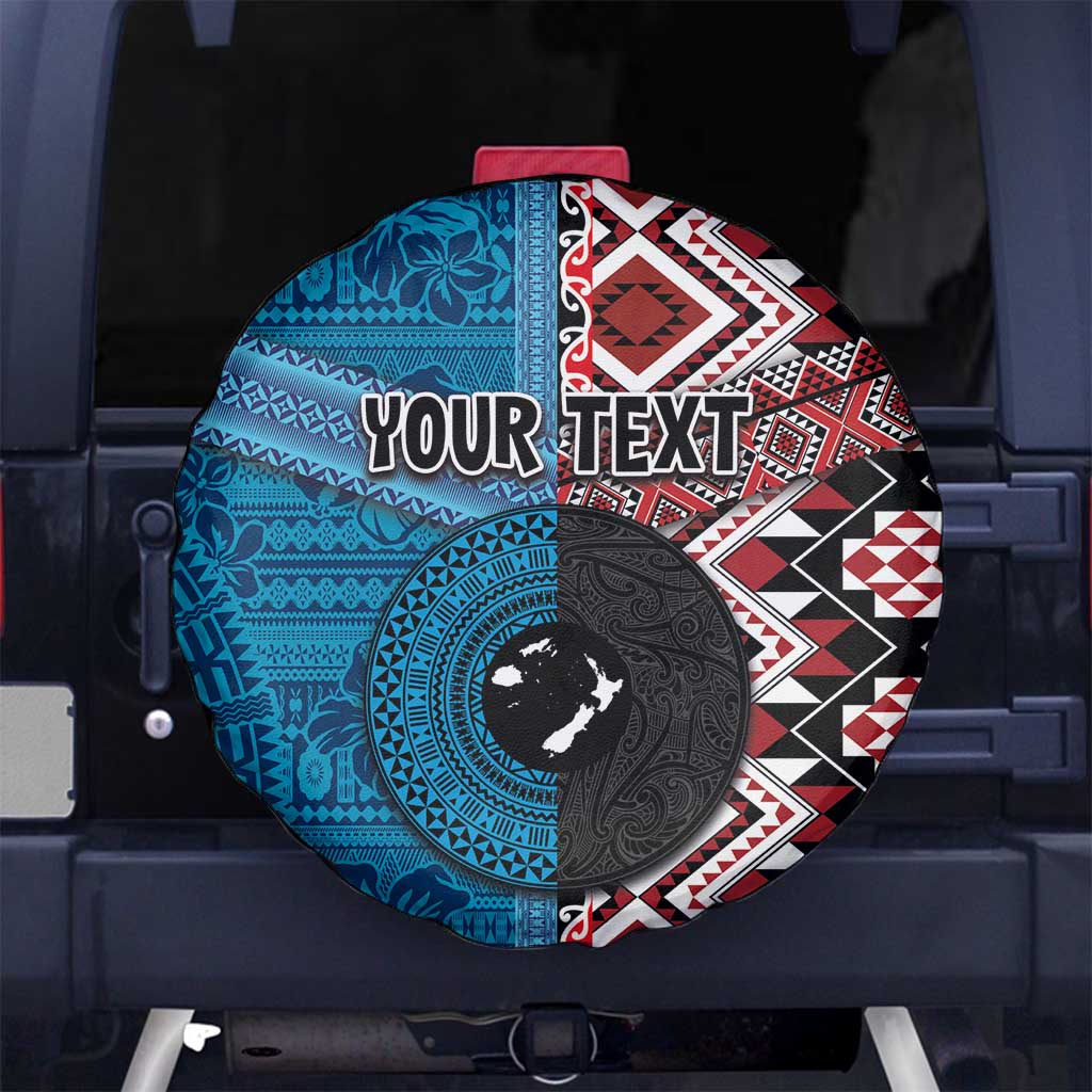 Personalised Aotearoa and Fiji Together Spare Tire Cover Melanesian Warrior and Koru - Taniko with Hibiscus Tapa Pattern