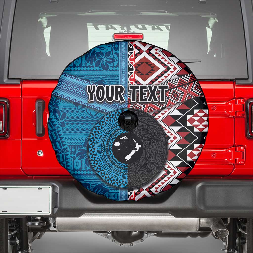 Personalised Aotearoa and Fiji Together Spare Tire Cover Melanesian Warrior and Koru - Taniko with Hibiscus Tapa Pattern