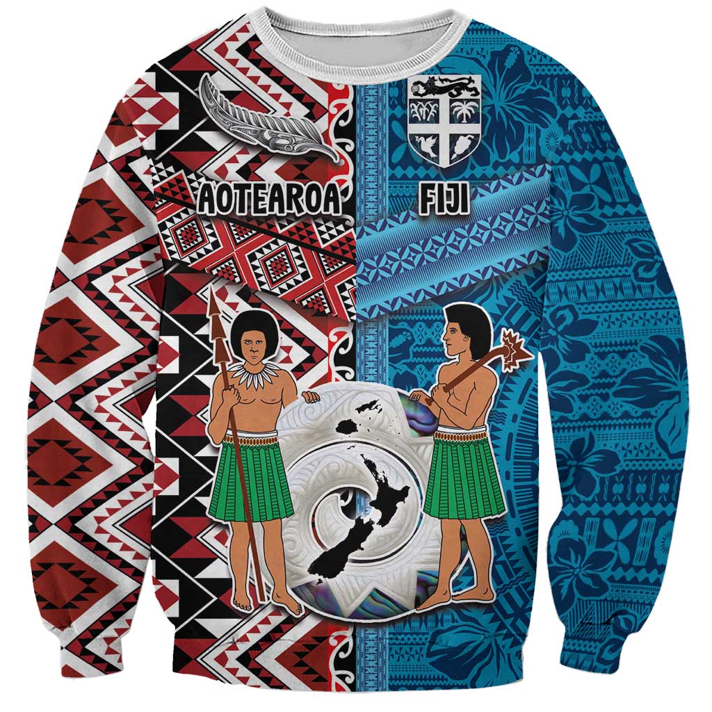 Personalised Aotearoa and Fiji Together Sweatshirt Melanesian Warrior and Koru - Taniko with Hibiscus Tapa Pattern