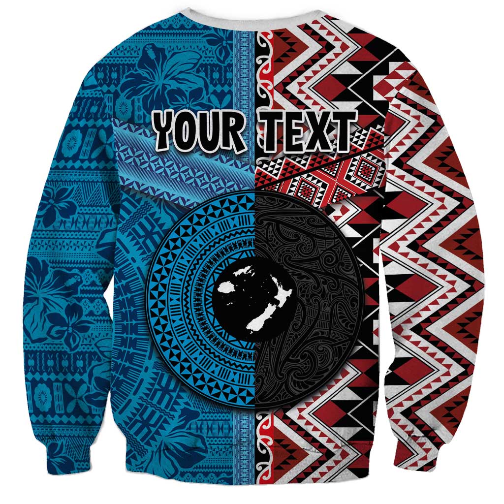 Personalised Aotearoa and Fiji Together Sweatshirt Melanesian Warrior and Koru - Taniko with Hibiscus Tapa Pattern LT03 - Polynesian Pride