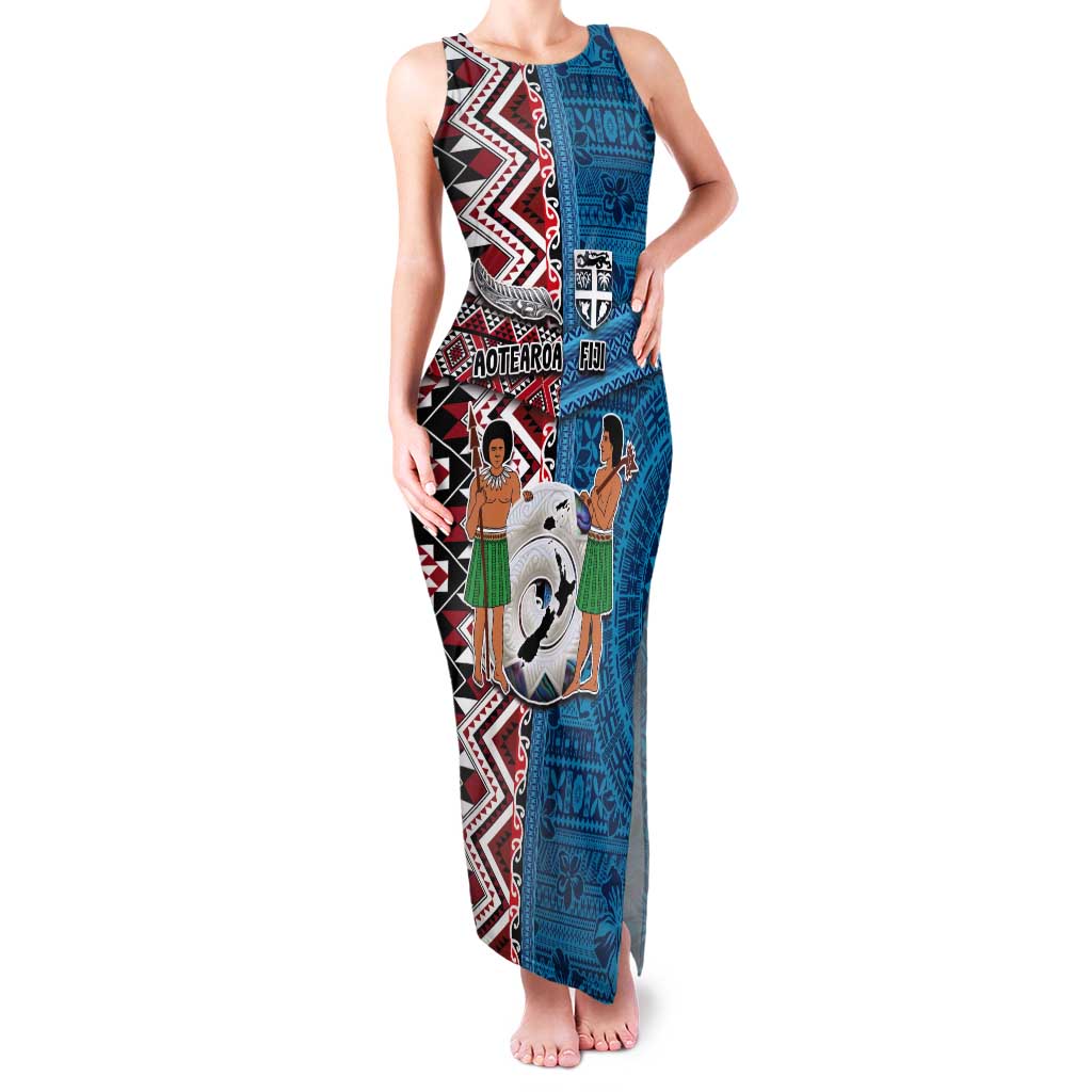 Personalised Aotearoa and Fiji Together Tank Maxi Dress Melanesian Warrior and Koru - Taniko with Hibiscus Tapa Pattern LT03 Women Blue - Polynesian Pride