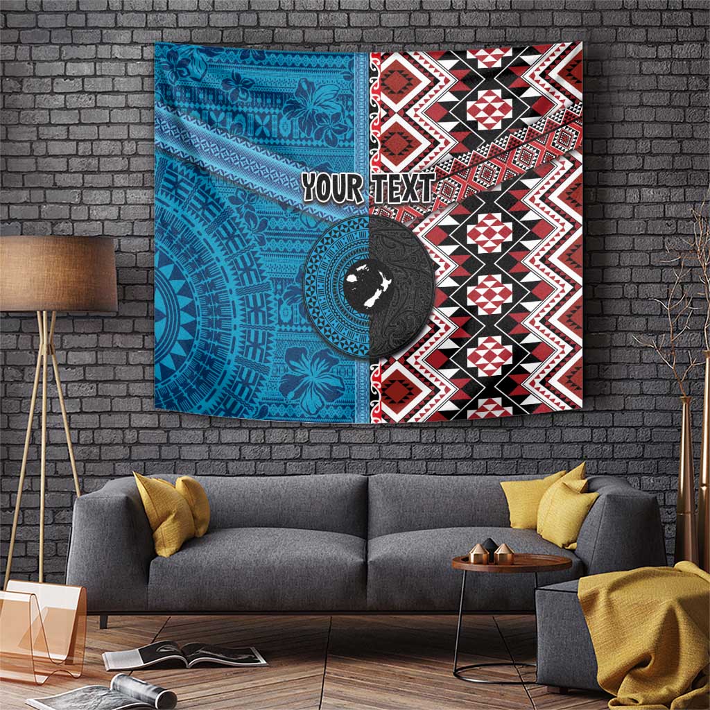 Personalised Aotearoa and Fiji Together Tapestry Melanesian Warrior and Koru - Taniko with Hibiscus Tapa Pattern