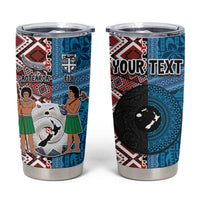 Personalised Aotearoa and Fiji Together Tumbler Cup Melanesian Warrior and Koru - Taniko with Hibiscus Tapa Pattern