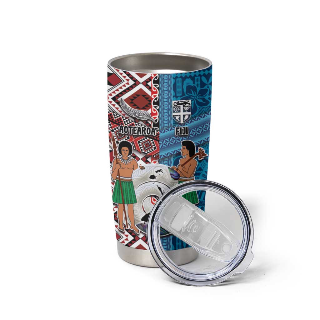 Personalised Aotearoa and Fiji Together Tumbler Cup Melanesian Warrior and Koru - Taniko with Hibiscus Tapa Pattern