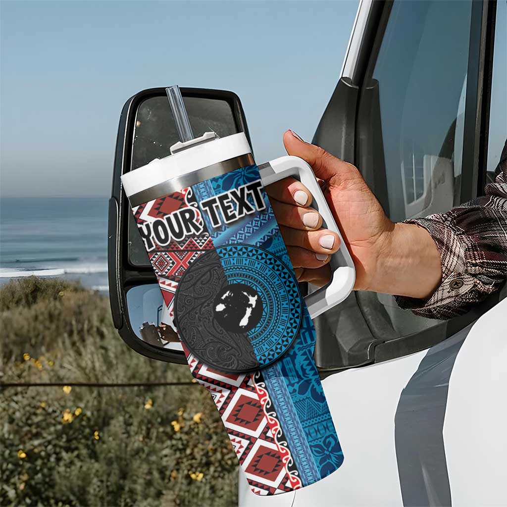 Personalised Aotearoa and Fiji Together Tumbler With Handle Melanesian Warrior and Koru - Taniko with Hibiscus Tapa Pattern